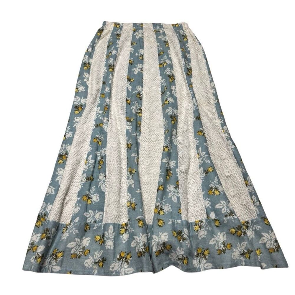 Vintage 70s Chessa Davis Prairie Floral Lace Panel Midi Skirt Medium Made in USA